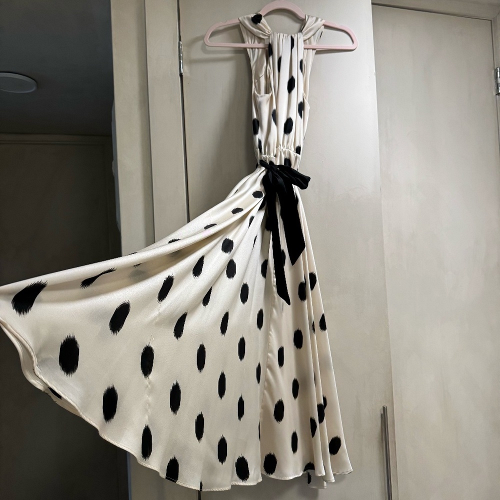 Elegant White & Black Polka Dot Maxi Dress with Tie Waist